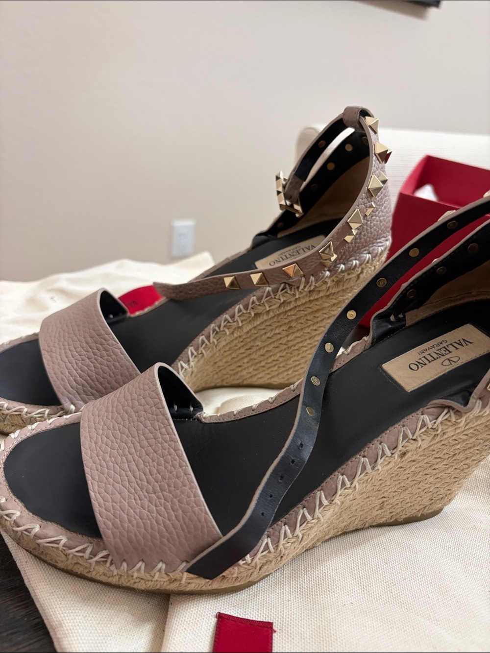 Valentino Pink Taupe Studded Ankle-Tie Espadrille Sandals - Picture 7 of 8